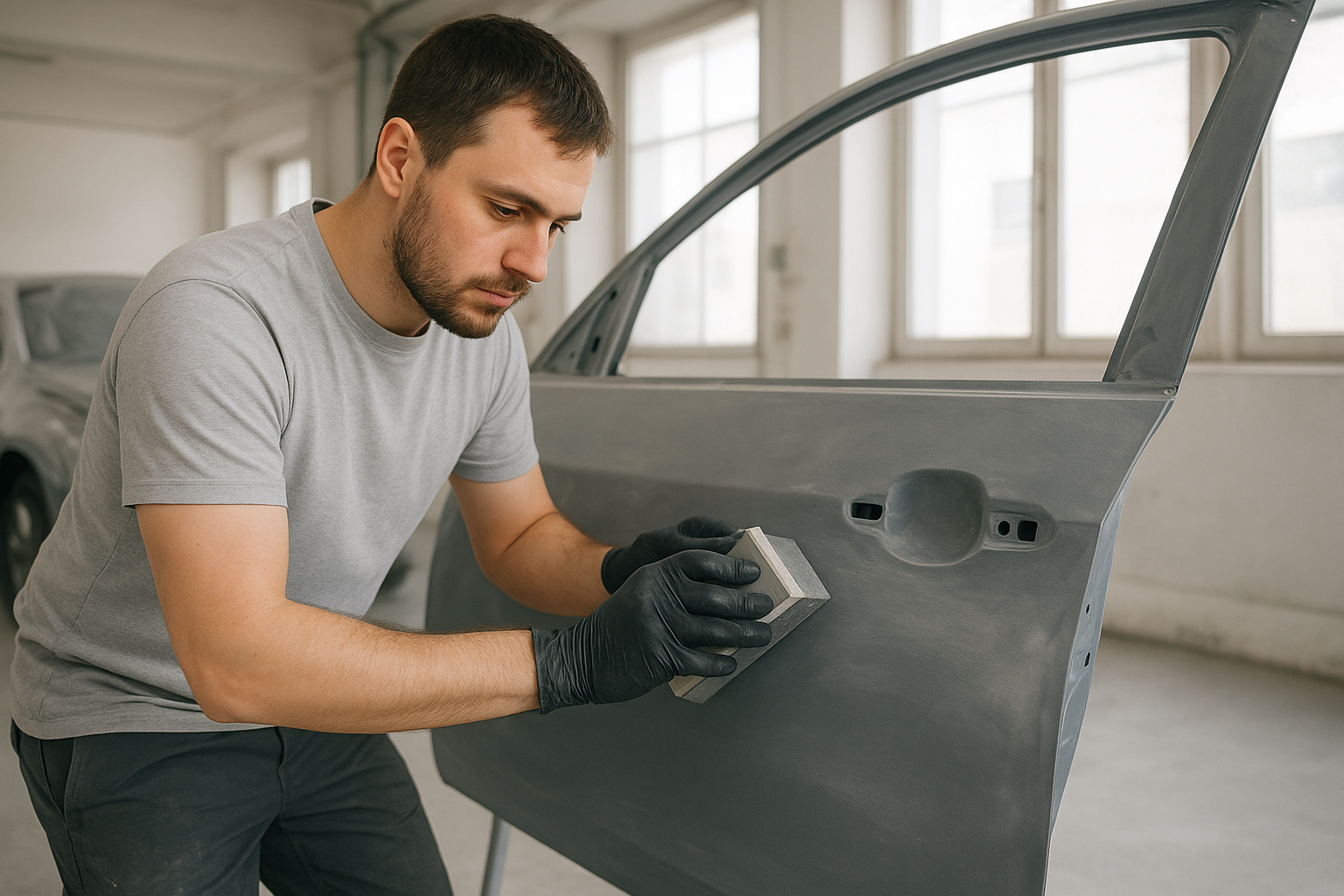 Technician performing minor auto body repair Brea on a vehicle door panel