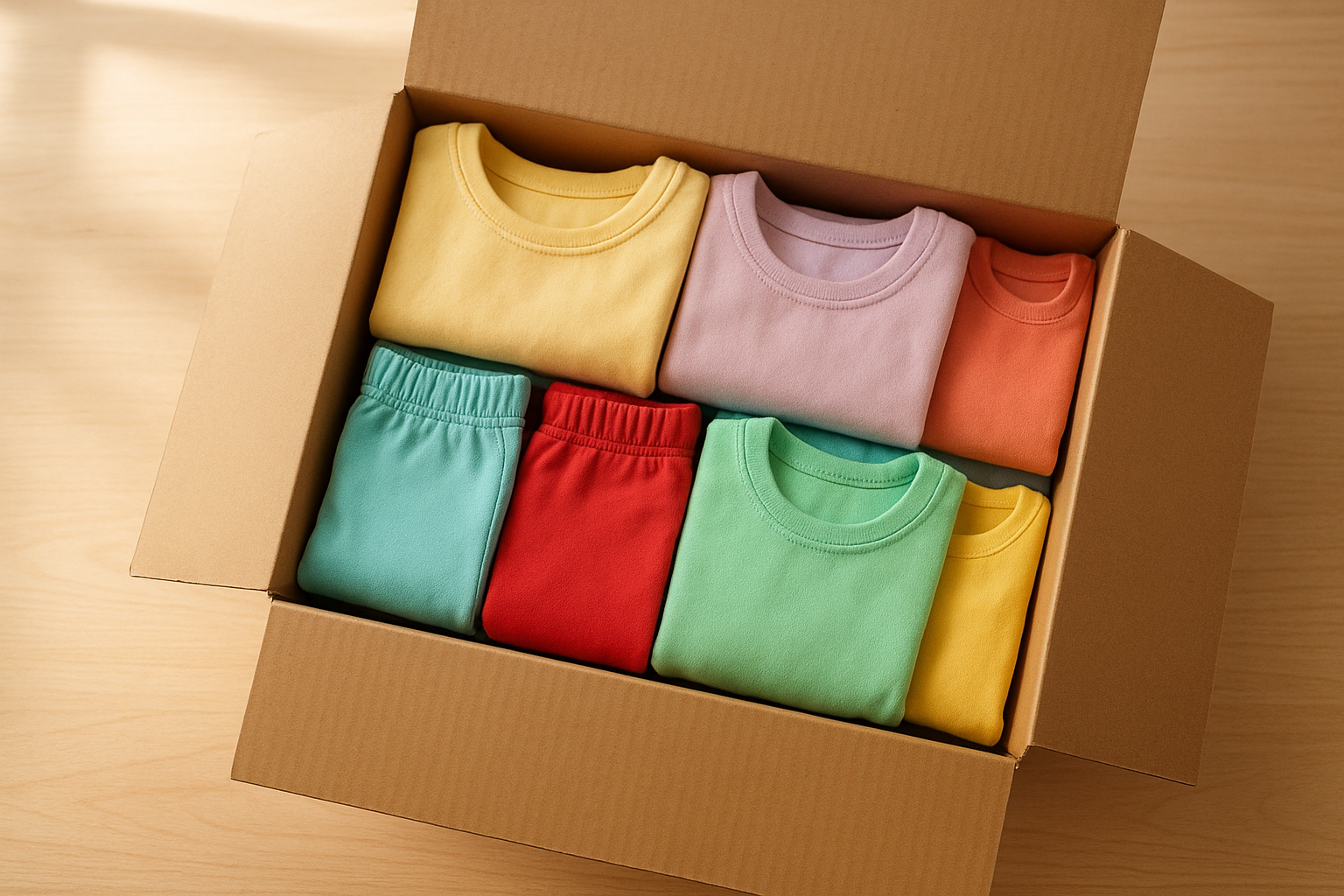 Open subscription box with curated growing kids clothing items arranged on a wooden surface