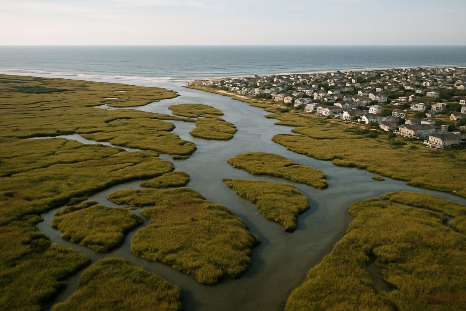 Aerial view of coastal waters near Ocean Isle Beach used for private fishing charters