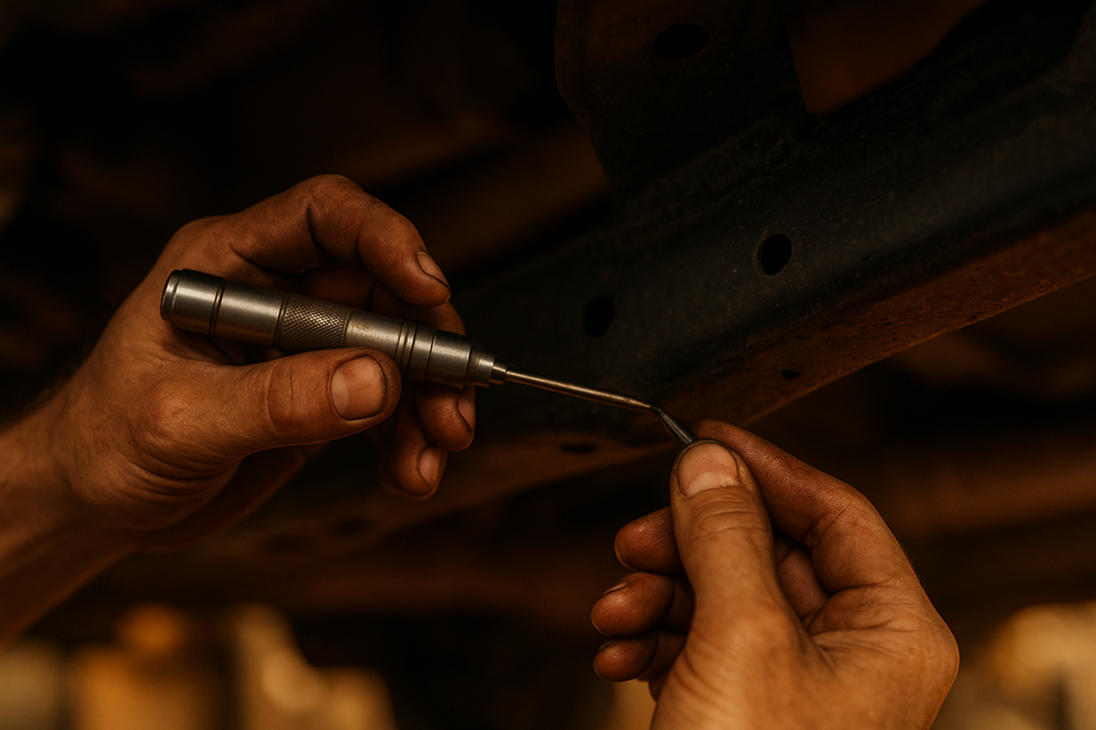 Close-up of frame rail measurement point during a structural repair diagnostic check