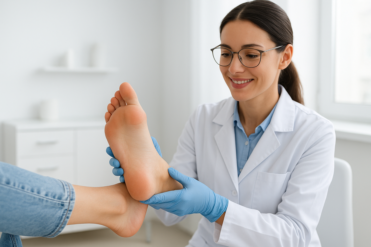 Podiatrist evaluating foot arch to recommend walking aids for flat feet