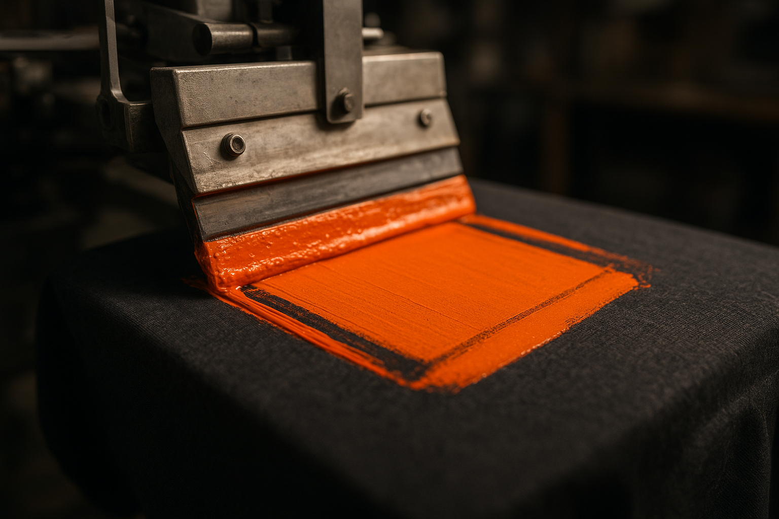 Screen printing press applying bold ink design onto dark fabric during custom merchandise production