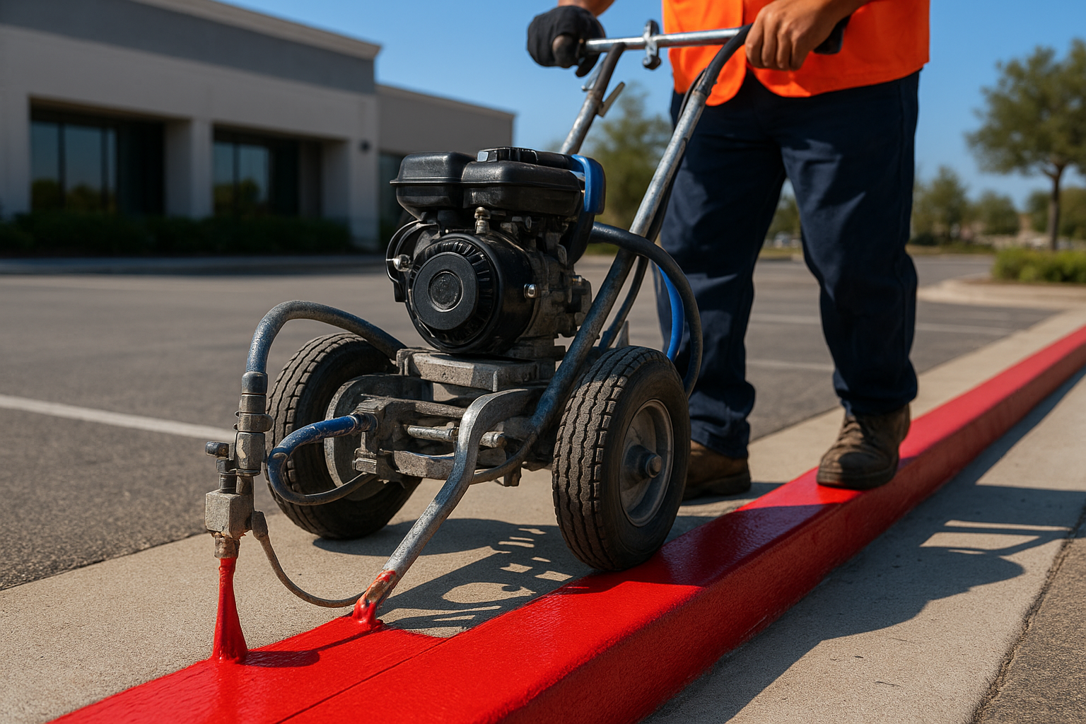 Professional crew applying fire lane striping detail with commercial line striper on a commercial property curb