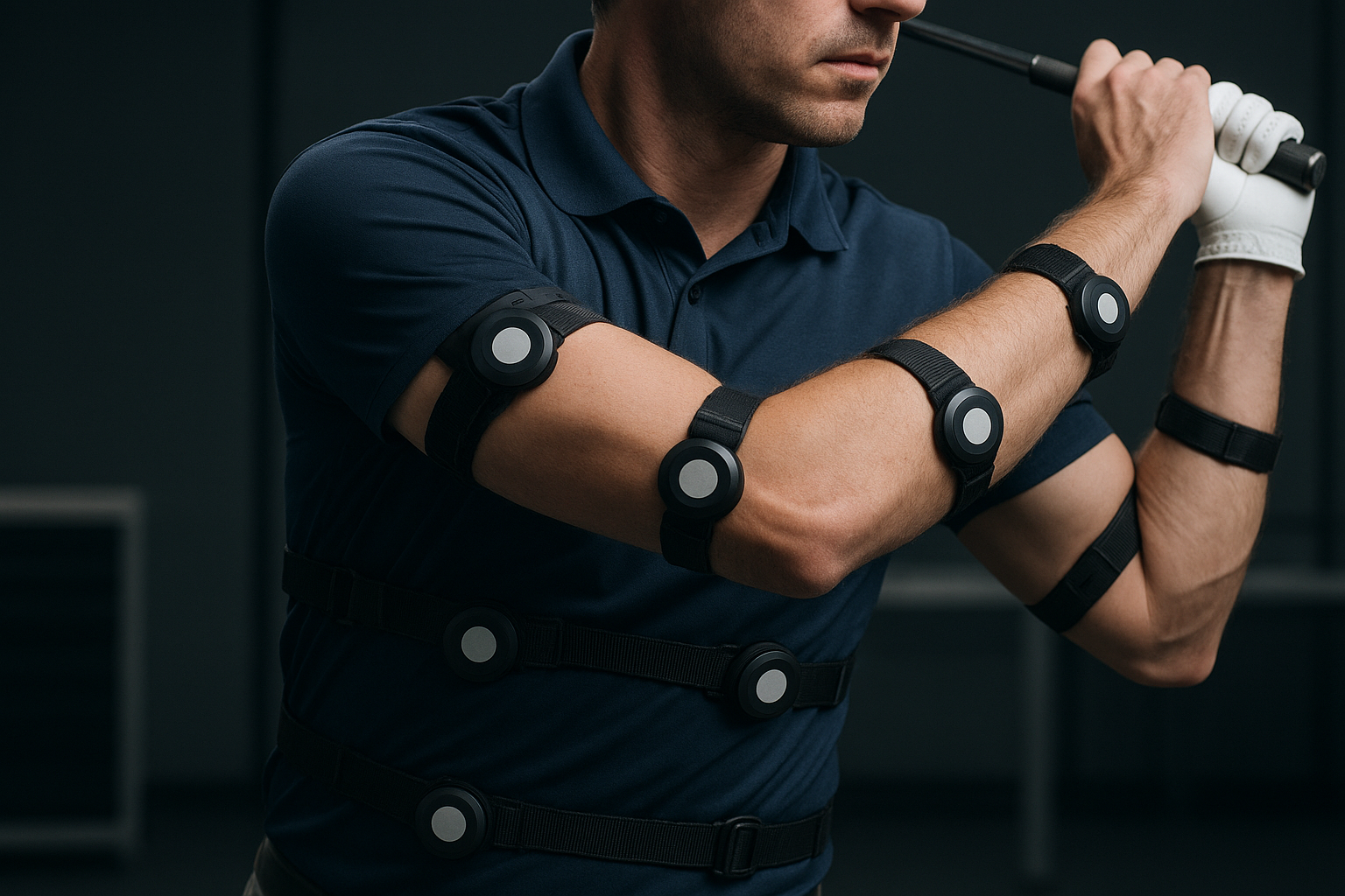Biomechanical motion capture sensors tracking a golfer's downswing rotation for swing analysis