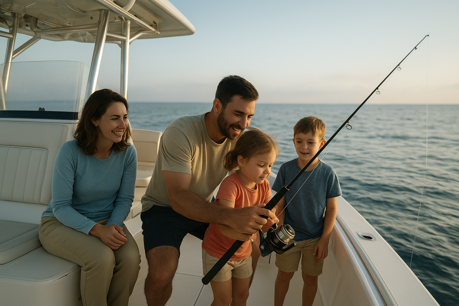 Family friendly offshore fishing North Myrtle Beach charter with a child reeling in a catch