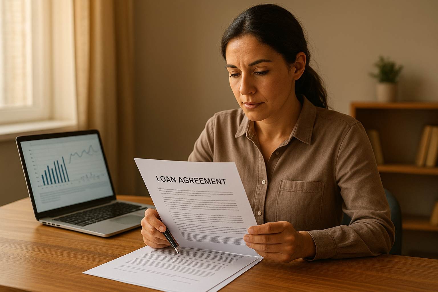 Business owner reviewing short term business loans with low interest agreement at desk