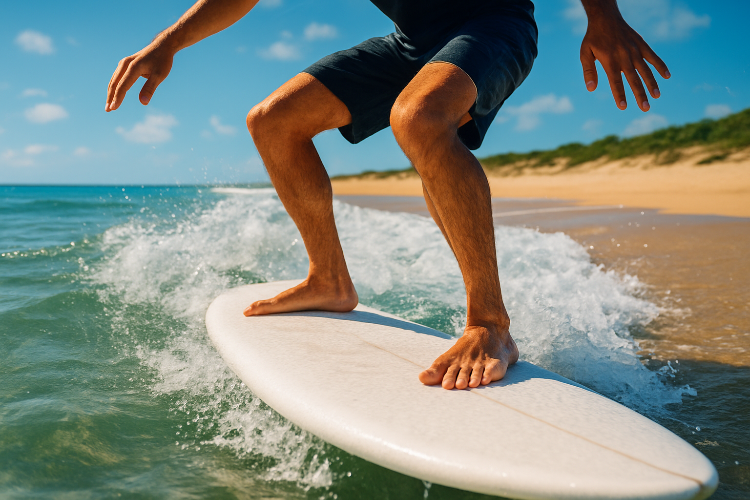 close-up of beginner surfer performing the pop-up technique on a foam surfboard on the beach