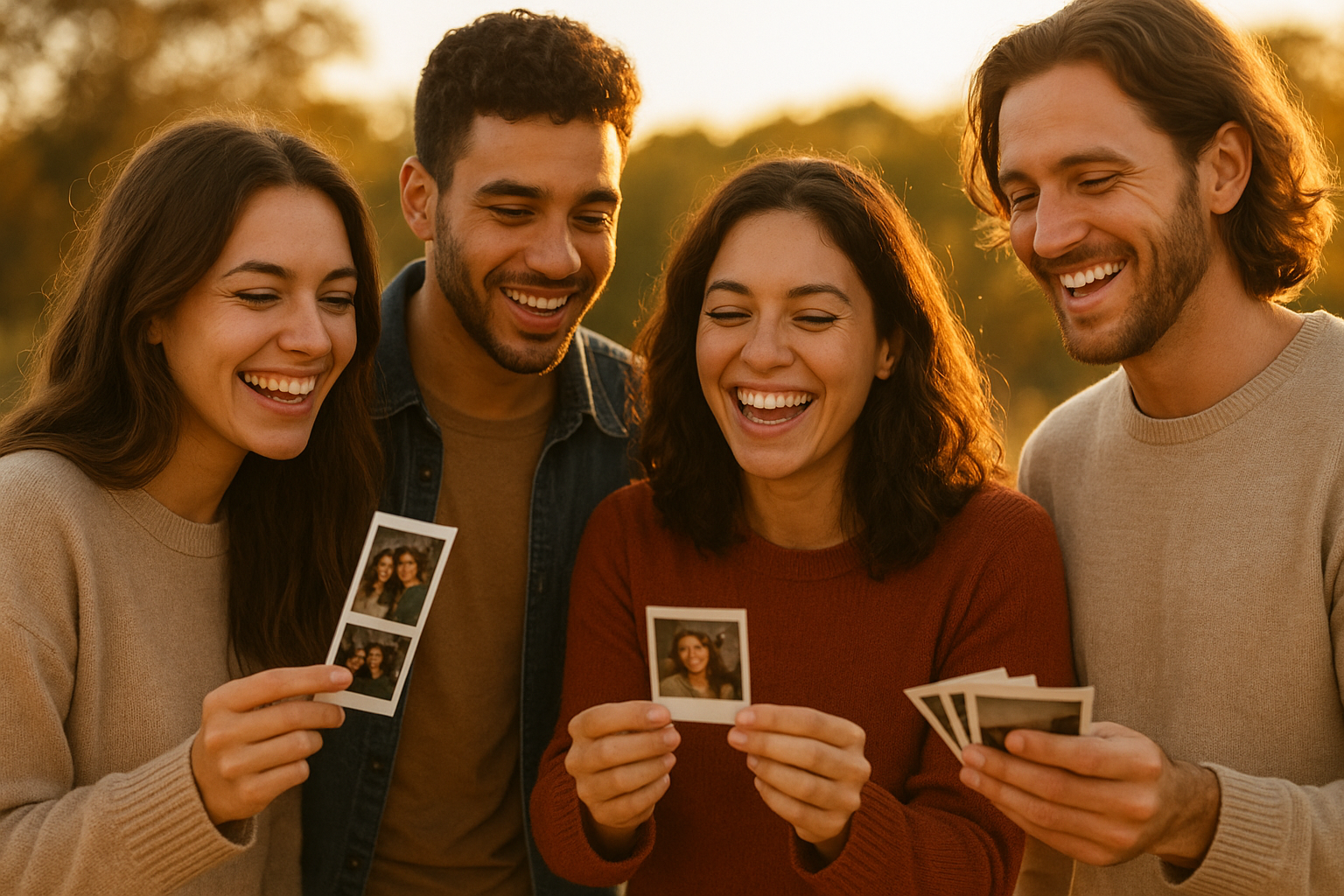 Guests reviewing printed photos from a Tri-State photo booth rental at an outdoor event