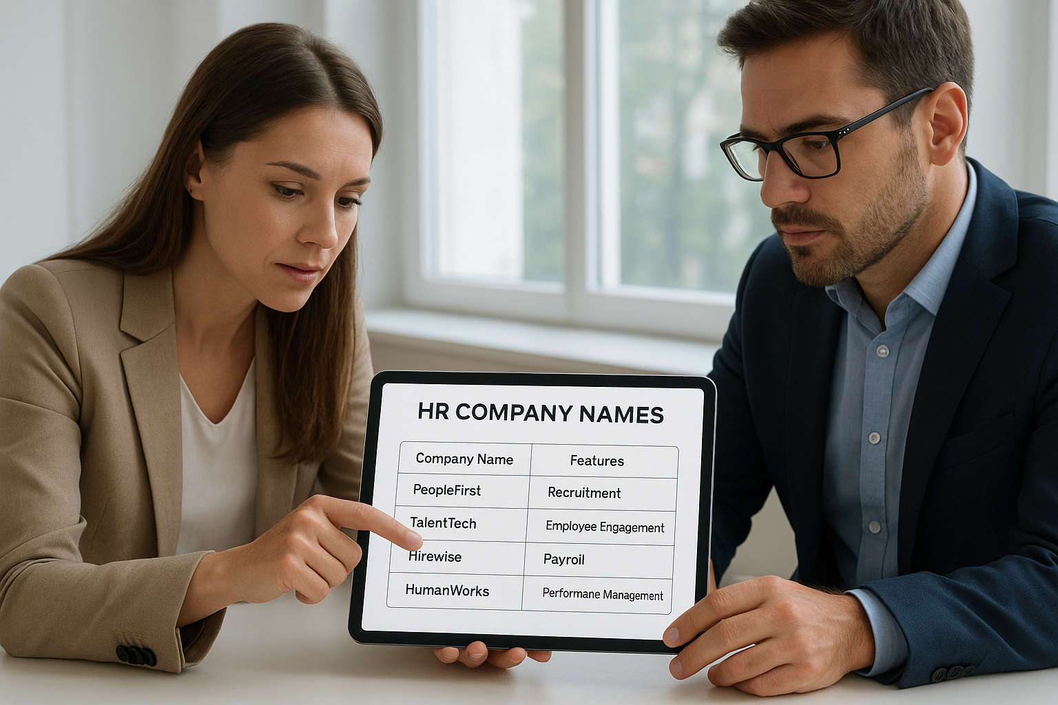 Business leaders comparing HR companies names on a tablet during a planning meeting