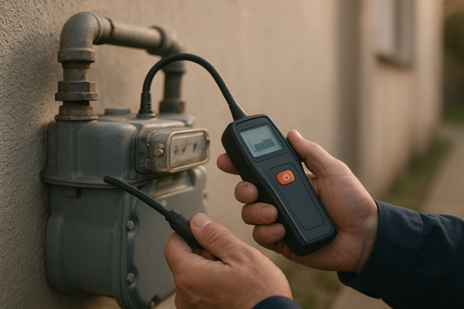 D40bfc6e_gas-leak-detection-check Technician performing a natural gas leak detection check near a home gas meter