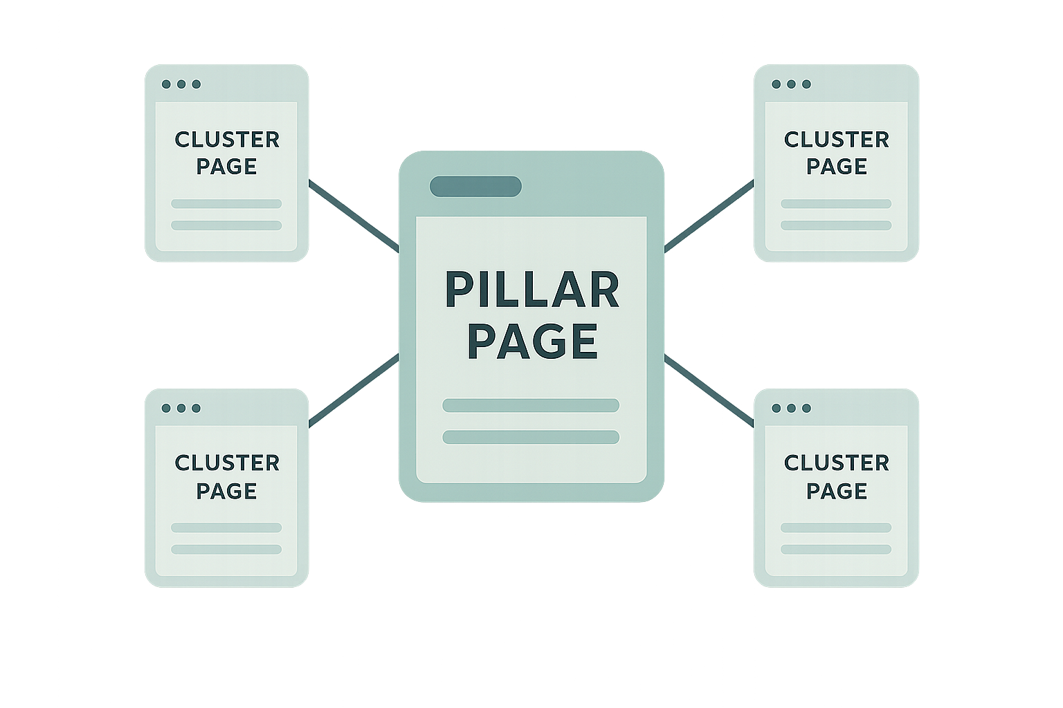 Diagram showing content silo seo structure with a pillar page linked to supporting cluster pages