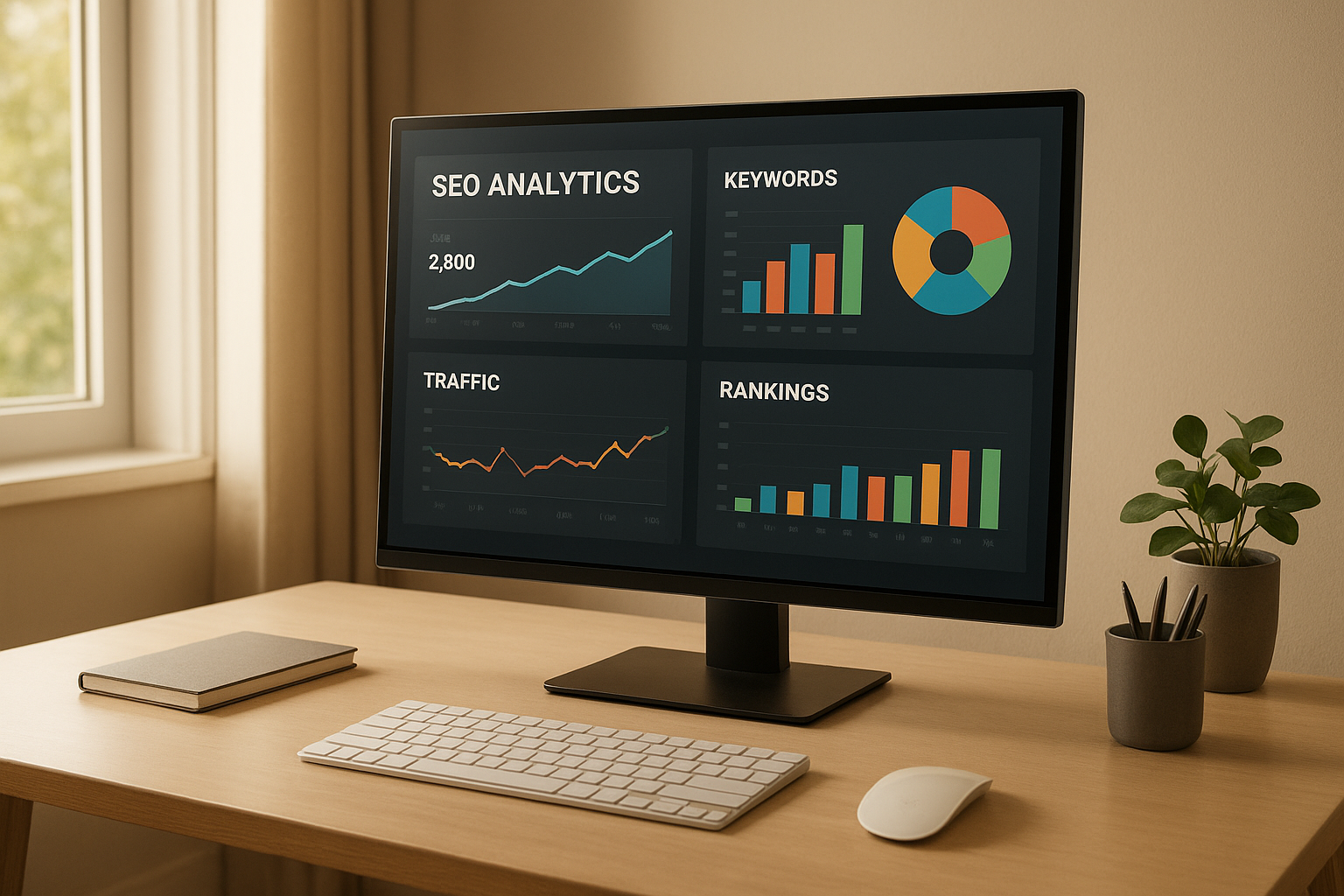 SEO marketing tools dashboard displayed on a monitor in a modern workspace