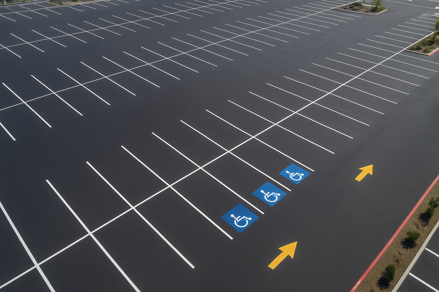 Aerial view of a freshly marked parking lot showing stall lines, ADA spaces, arrows, and fire lane markings