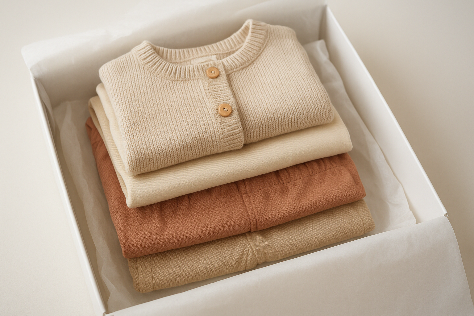 Premium children's clothing neatly packed inside a subscription rental box ready for delivery