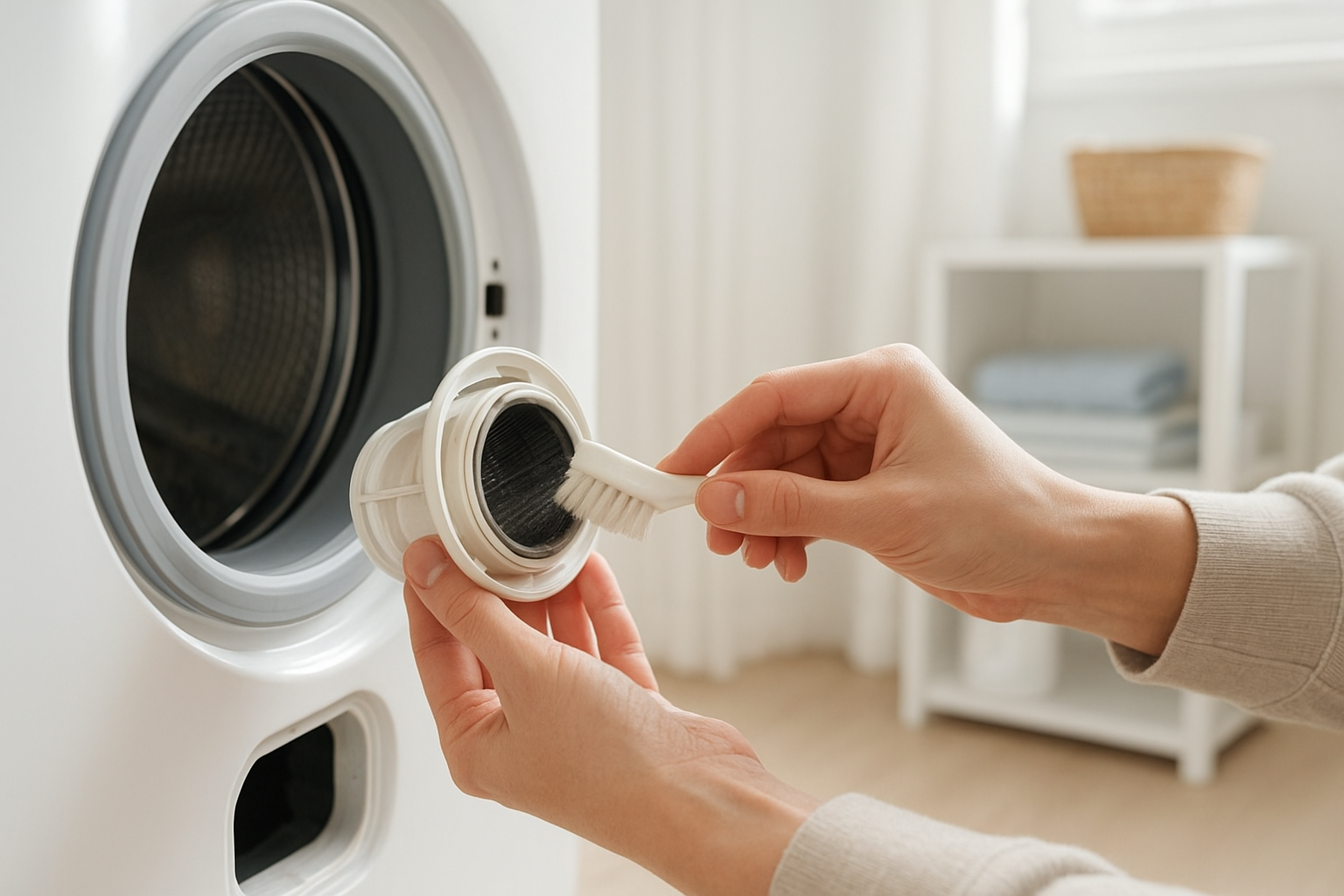 Technician-style cleaning of a washing machine filter as part of routine appliance care