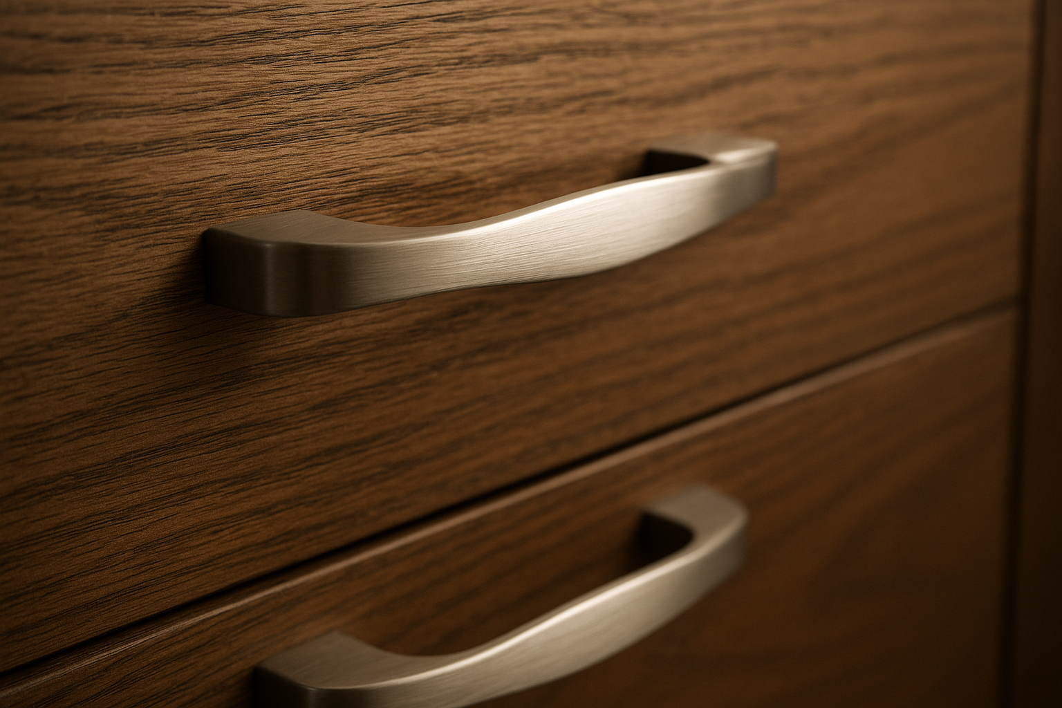 Close-up of premium wood veneer finish and drawer hardware on refaced kitchen cabinets
