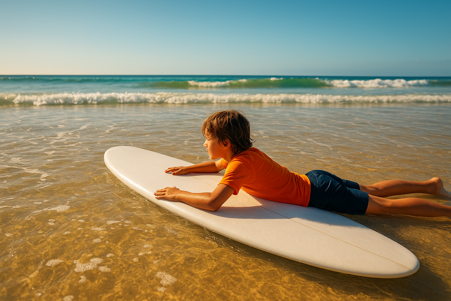 Beginner surfer on a foam surfboard preparing to learn to ride waves in shallow water