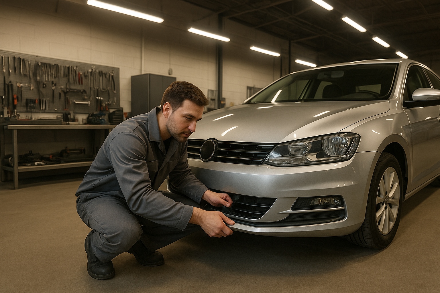 Certified technician inspecting a vehicle at a professional P B body shop