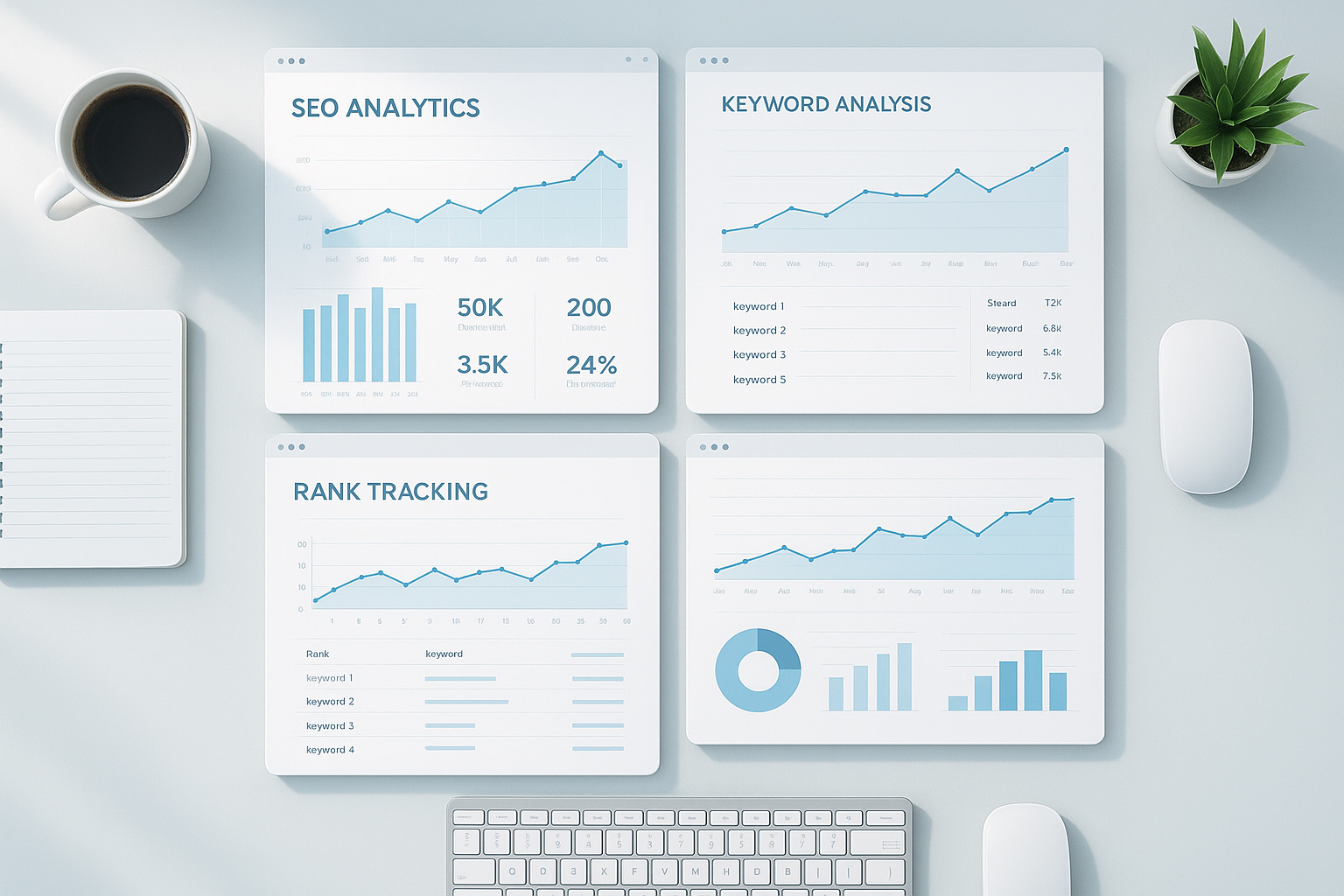 Cloud-based SEO tools dashboard showing keyword rankings and analytics on multiple screens