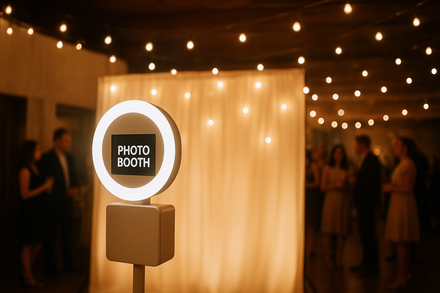 Digital photo booth set up at an evening event with backdrop and lighting