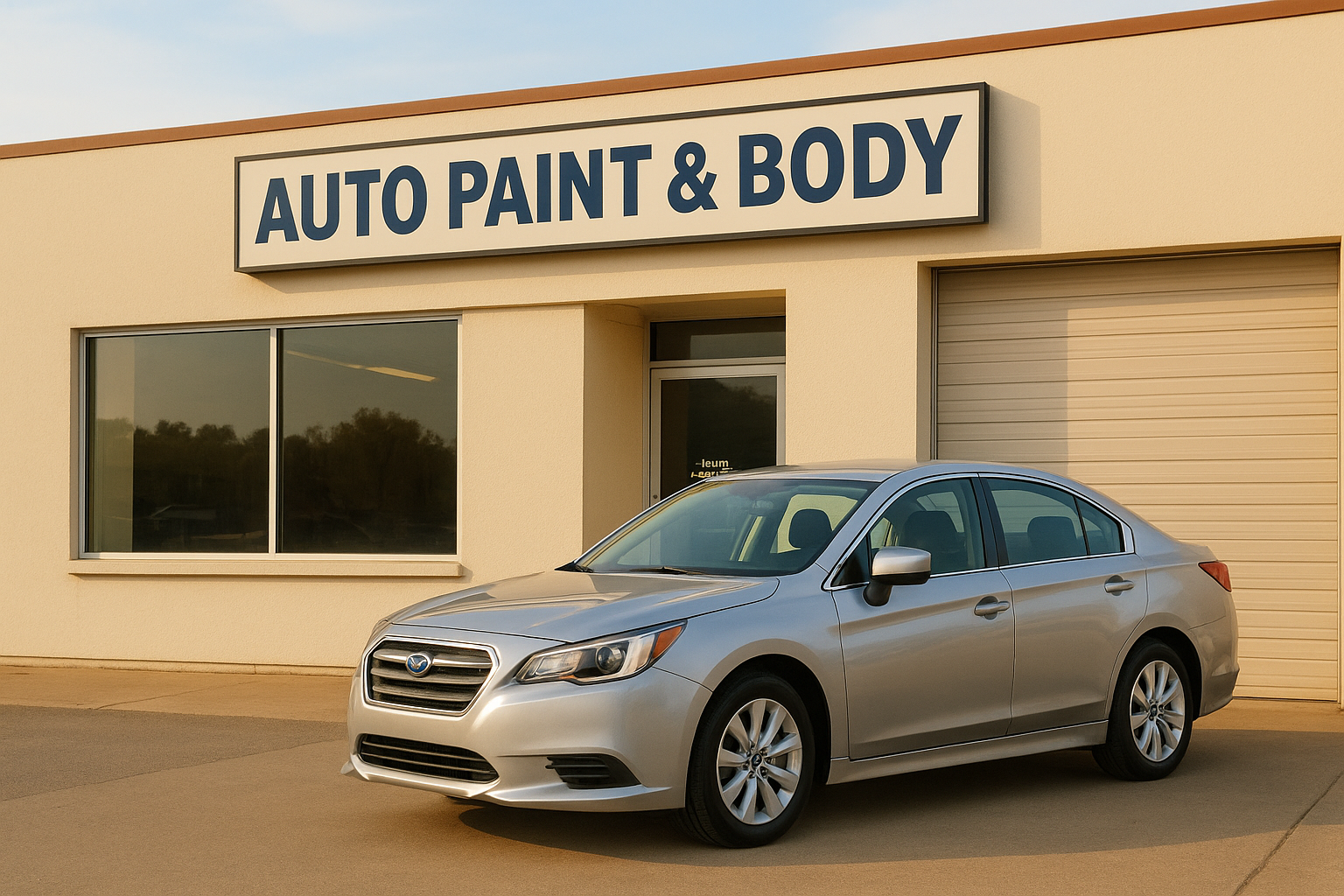 Exterior of a professional auto paint and body shop near me with a repaired sedan outside