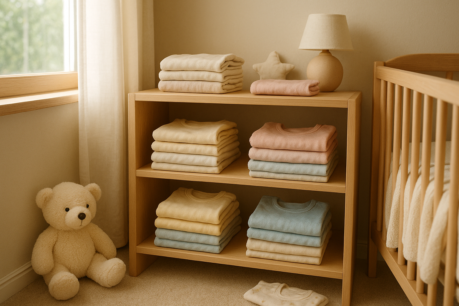 Neatly folded rental kids clothes for newborn to seven on a wooden shelf