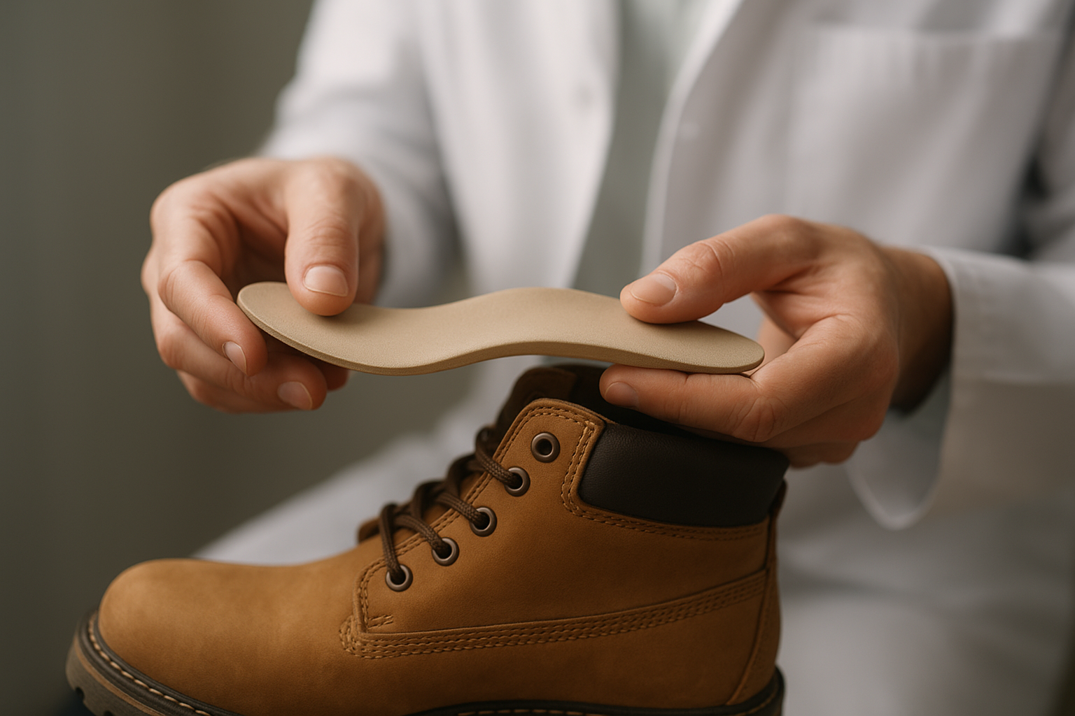Podiatrist fitting custom foot supports for work into a boot
