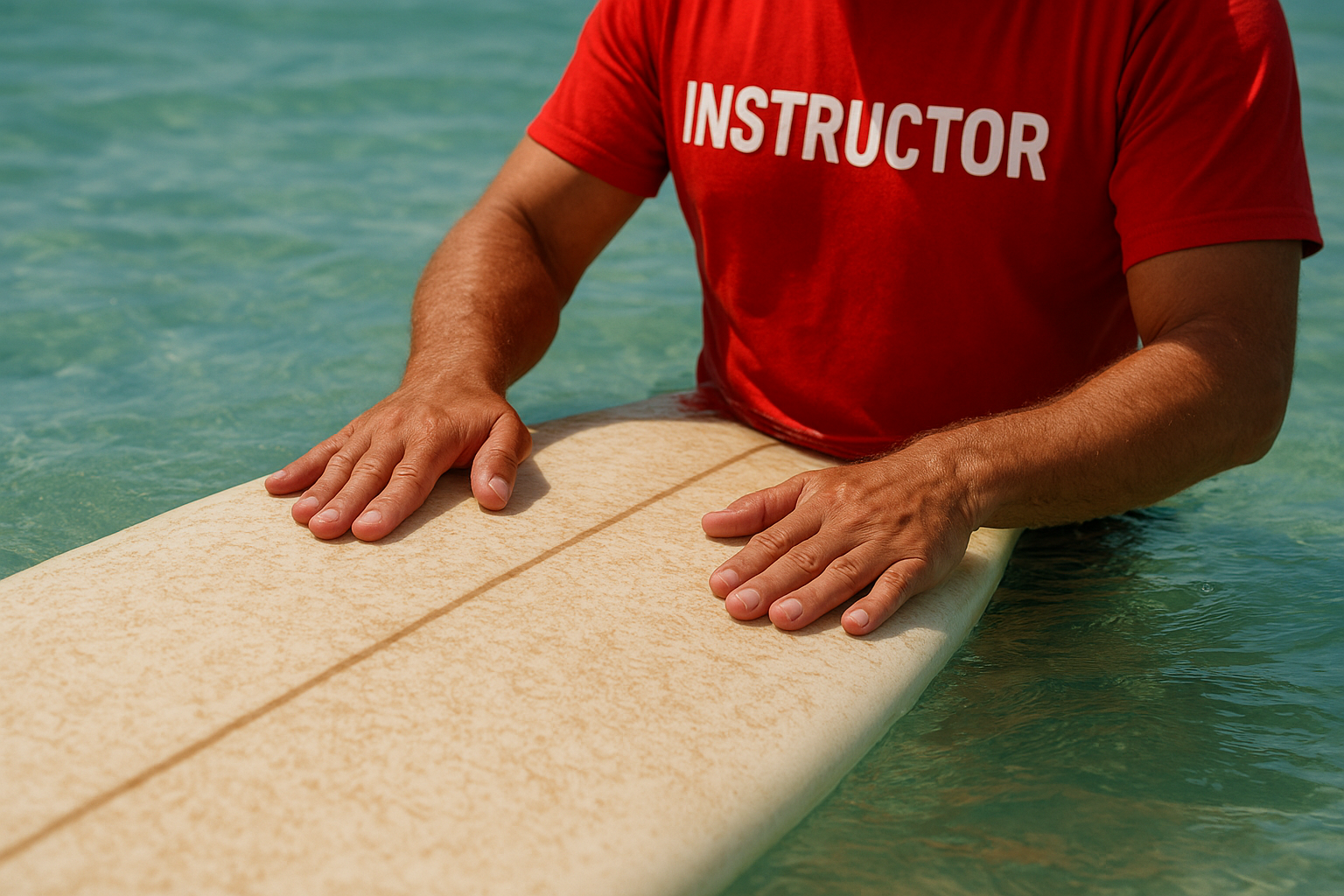 Surf instructor demonstrating proper paddling technique on a longboard in Hawaii
