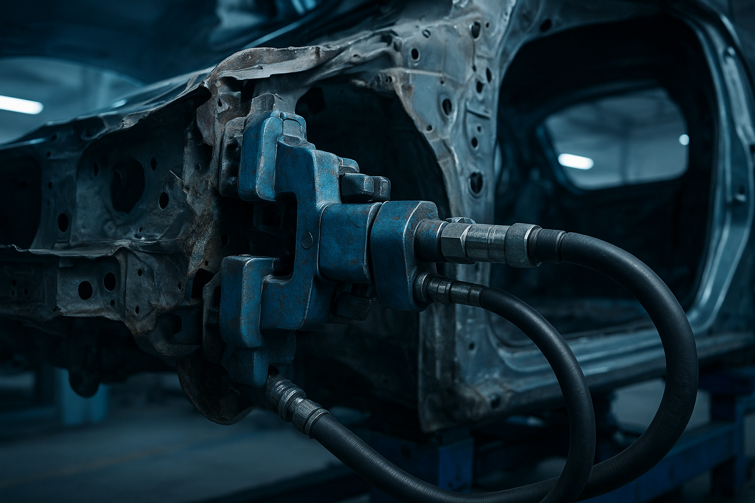 Hydraulic frame straightening equipment used during collision structural repair