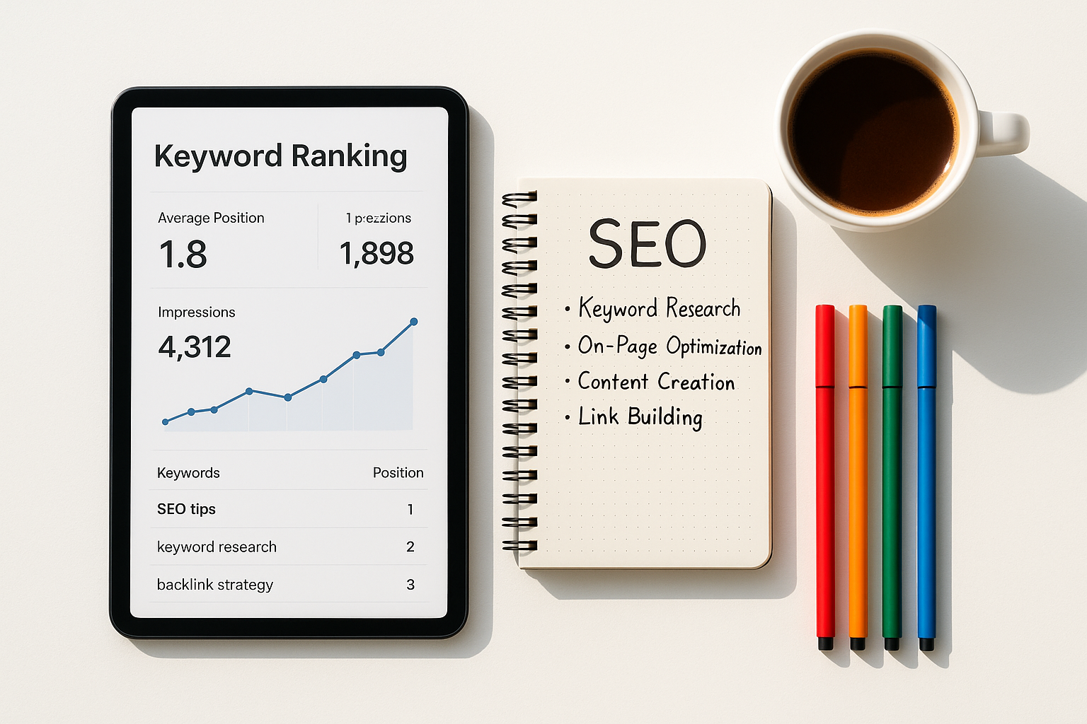 Desk setup with tablet displaying keyword ranking metrics and SEO planning notes
