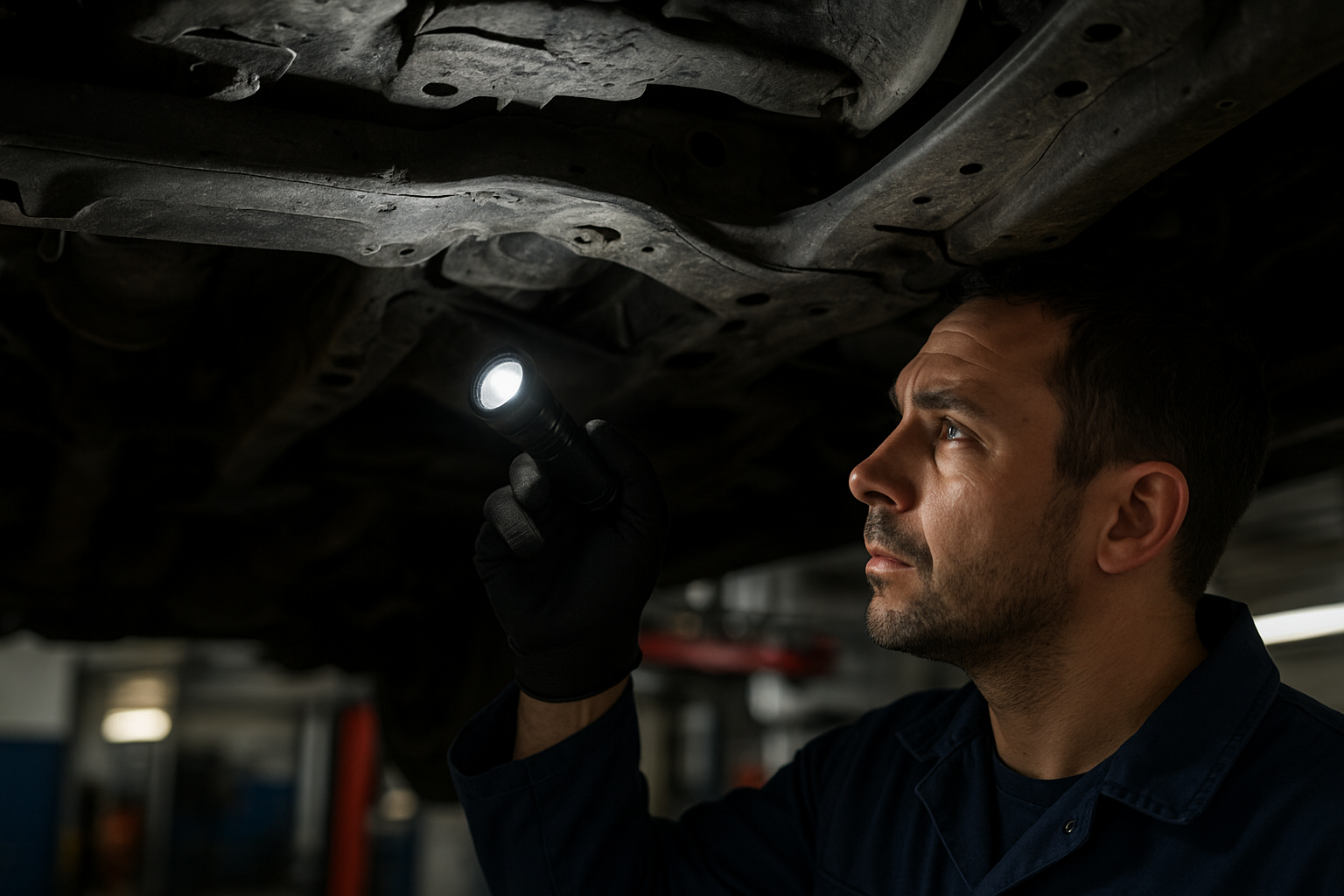 Mechanic inspecting vehicle frame rails and structural components during a frame damage assessment
