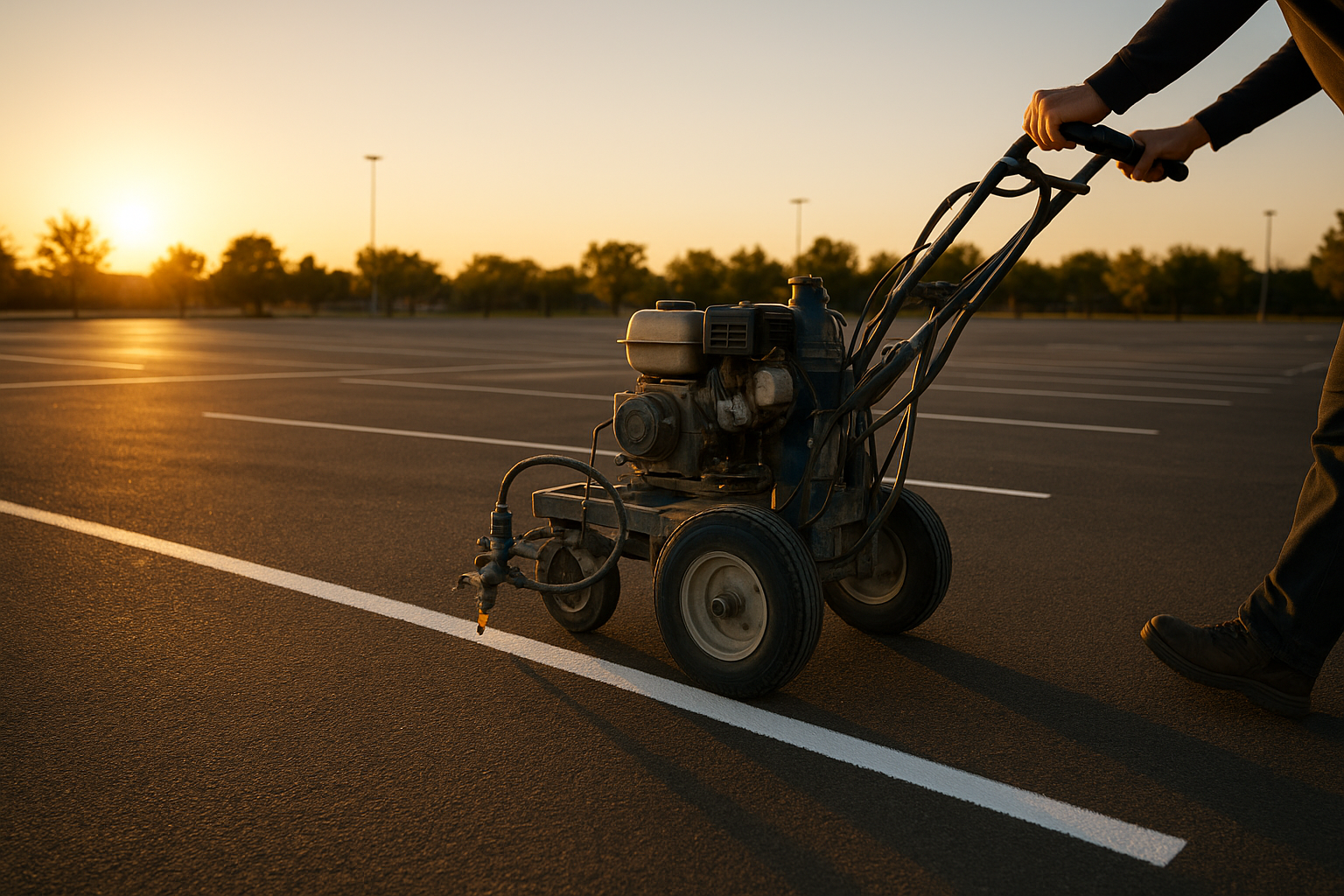 Line striping machine applying fresh paint across an empty commercial parking lot