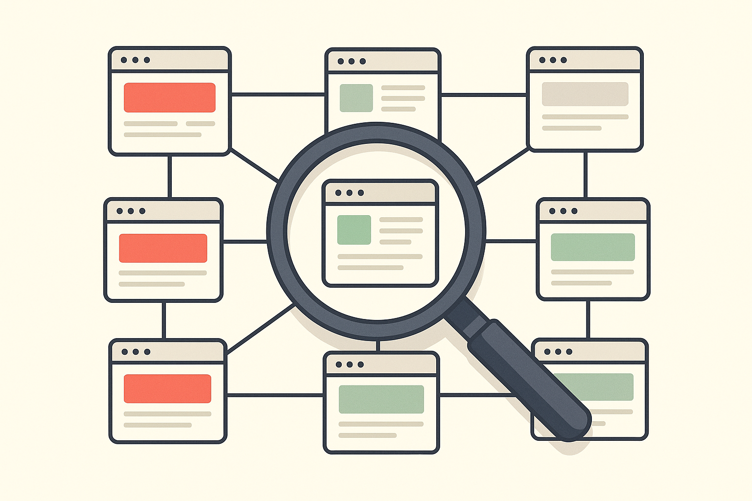 Illustration of a backlink audit free process showing healthy and toxic link nodes in a website network