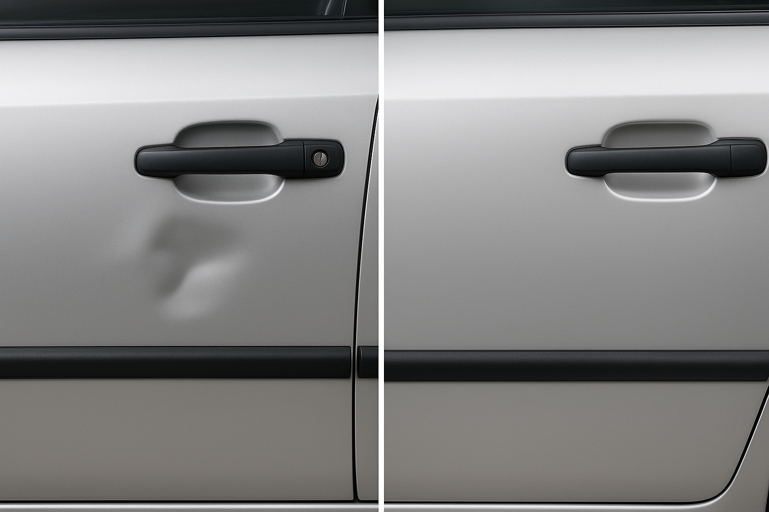 Close-up of car panel before and after precision dent removal repair