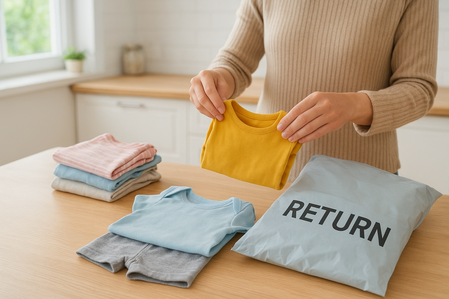 Parent preparing a return shipment as part of a rotating wardrobe rental for children