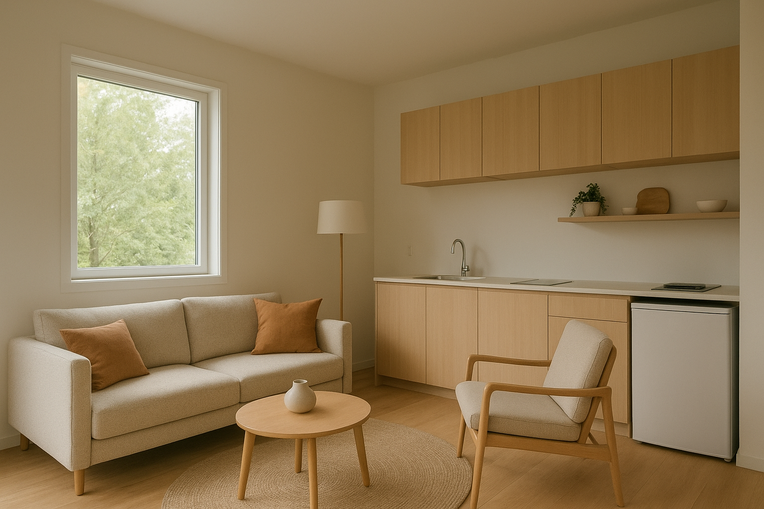 Bright interior living space inside a newly built detached accessory dwelling unit