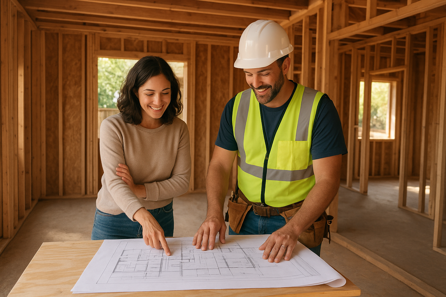 Homeowner and contractor reviewing custom ADU floor plan layout at a construction site