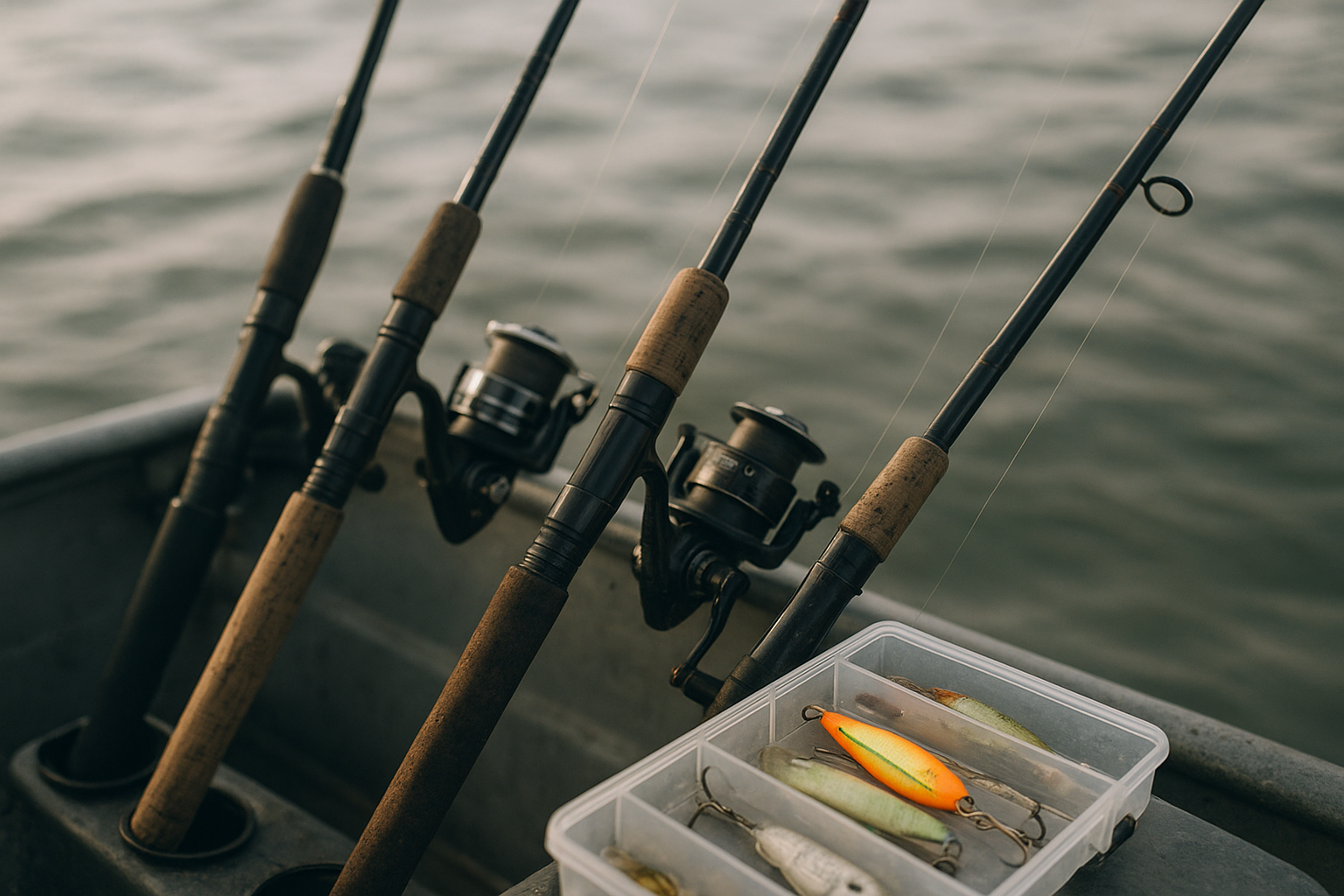 Rods, tackle, and bait prepared for a private group fishing charter trip