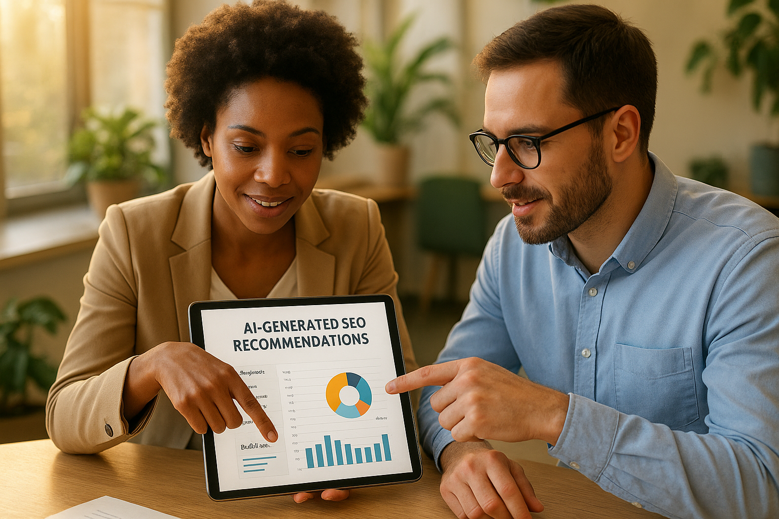 Marketing team reviewing AI-generated optimization recommendations on a tablet