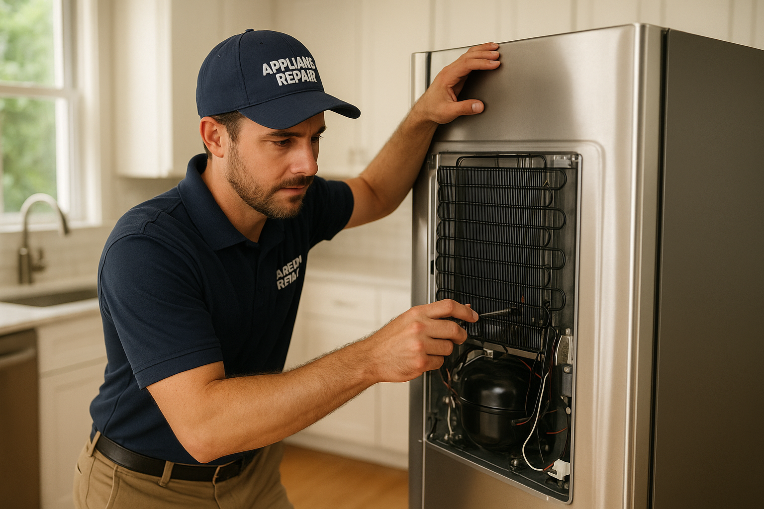 Technician performing appliance repair Santa Rosa homeowners requested on a kitchen refrigerator