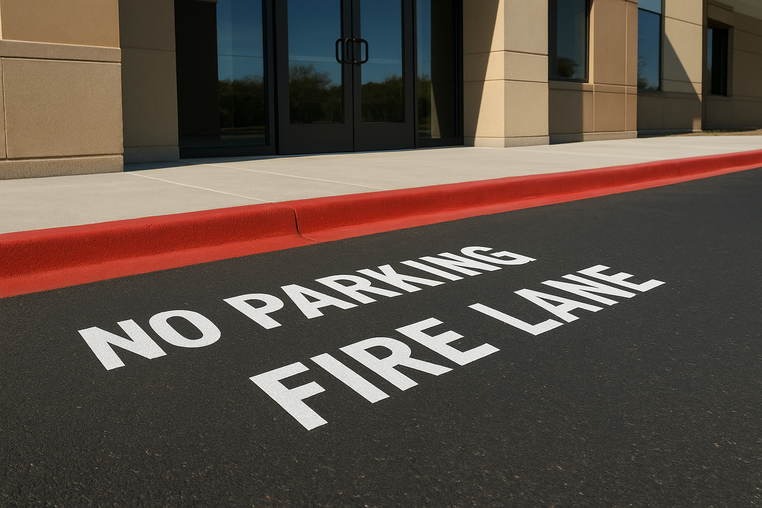 Red fire lane curb markings and stenciled no-parking designations outside a commercial building, required for code compliance