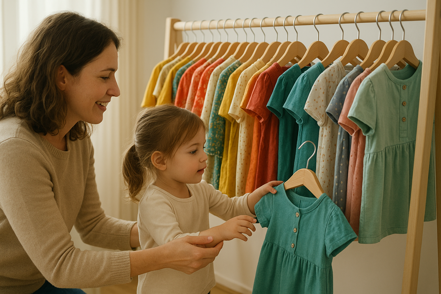 Parent and child selecting garments from a curated rack while choosing to rent clothes for children through a subscription box