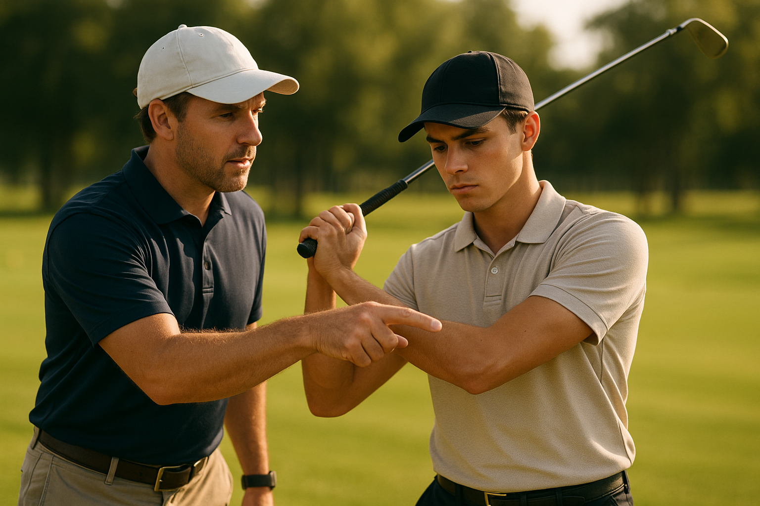 Golf coach guiding a player through in person golf lessons for maximum success at an outdoor driving range