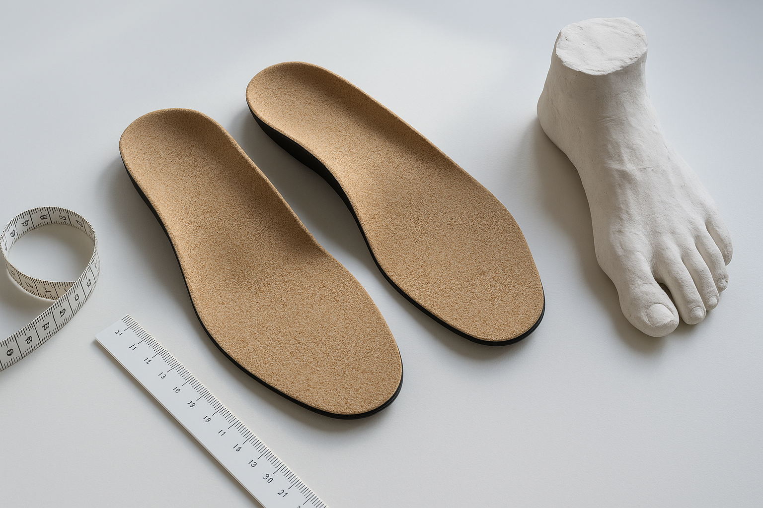 Custom arch support orthotics molded to the unique contours of a patient's foot