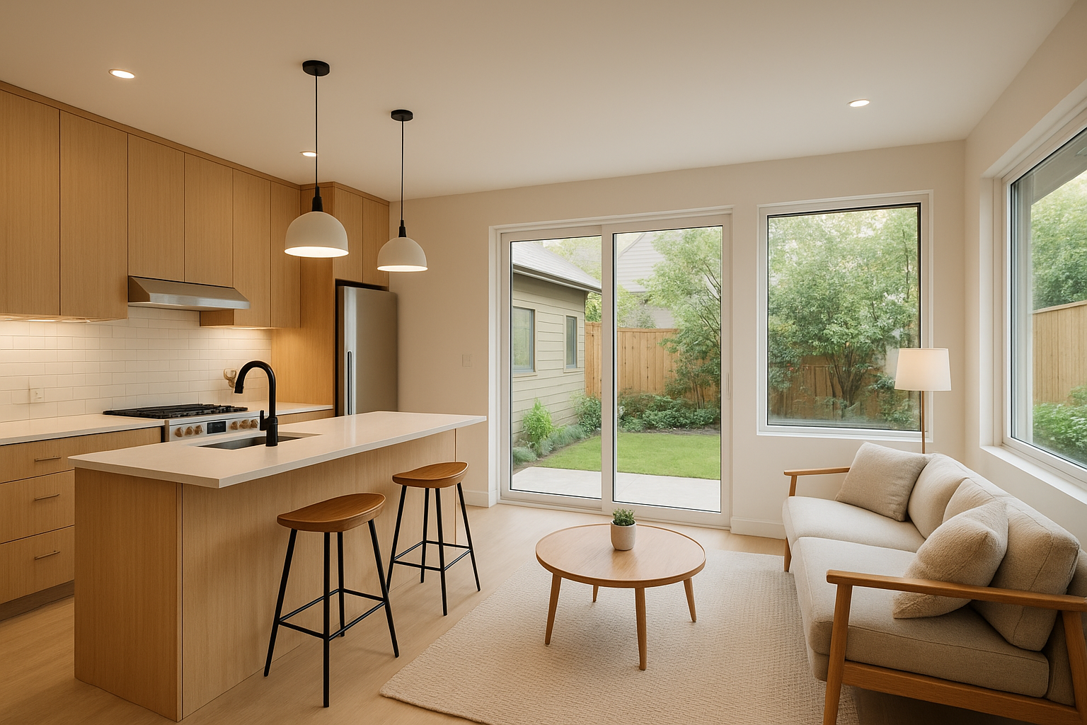 Finished garage conversion ADU interior designed by local ADU experts with modern kitchen and open living area