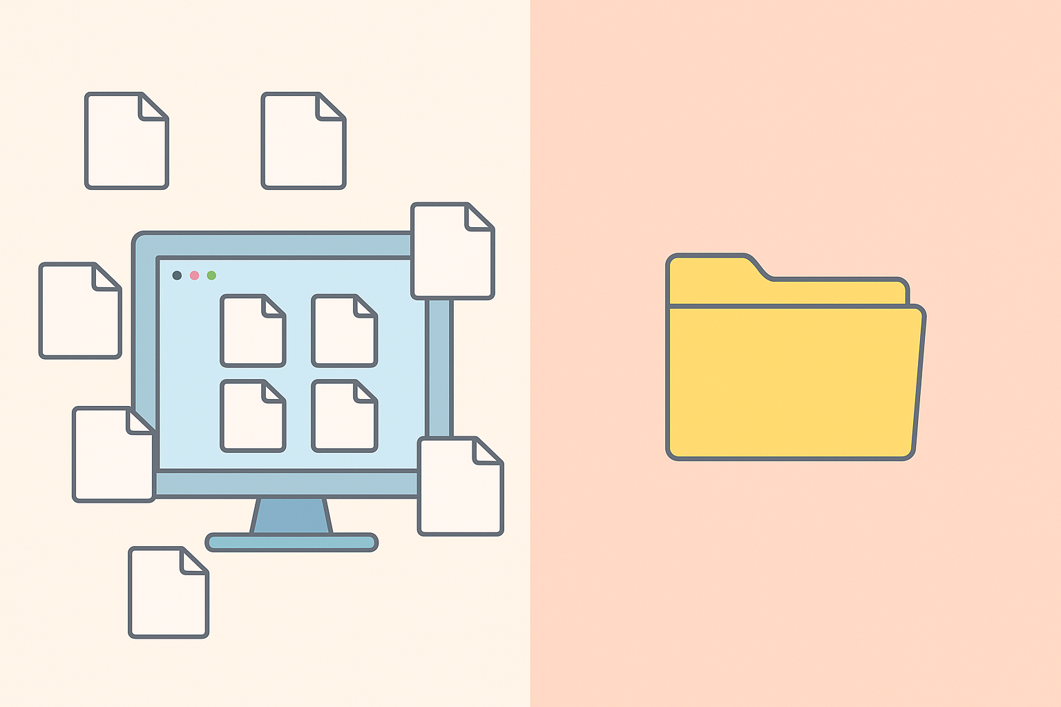 Visual comparison of duplicate synced files versus one clean file in cloud file storage without syncing