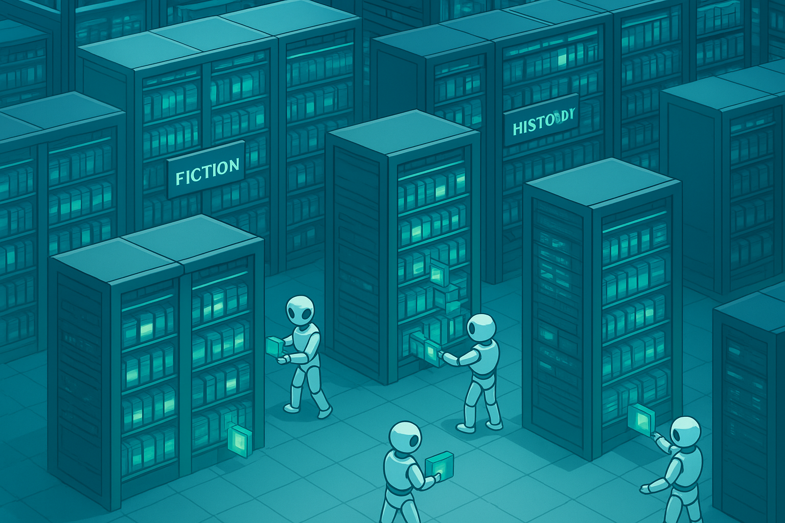 Isometric digital library representing a search engine index storing billions of web pages