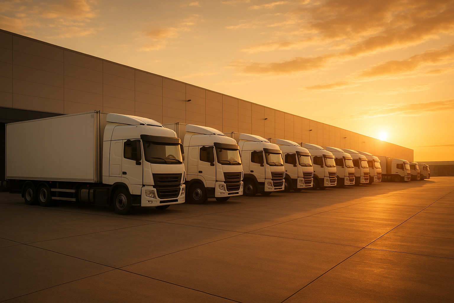 Fleet of trucks representing modern shipping services at a logistics distribution center