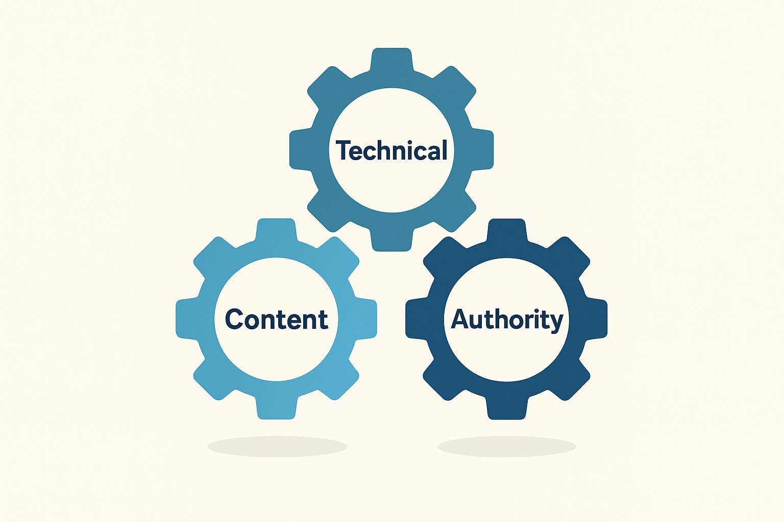 Three pillars of SEO score: technical health, on-page content quality, and backlink authority shown as gears