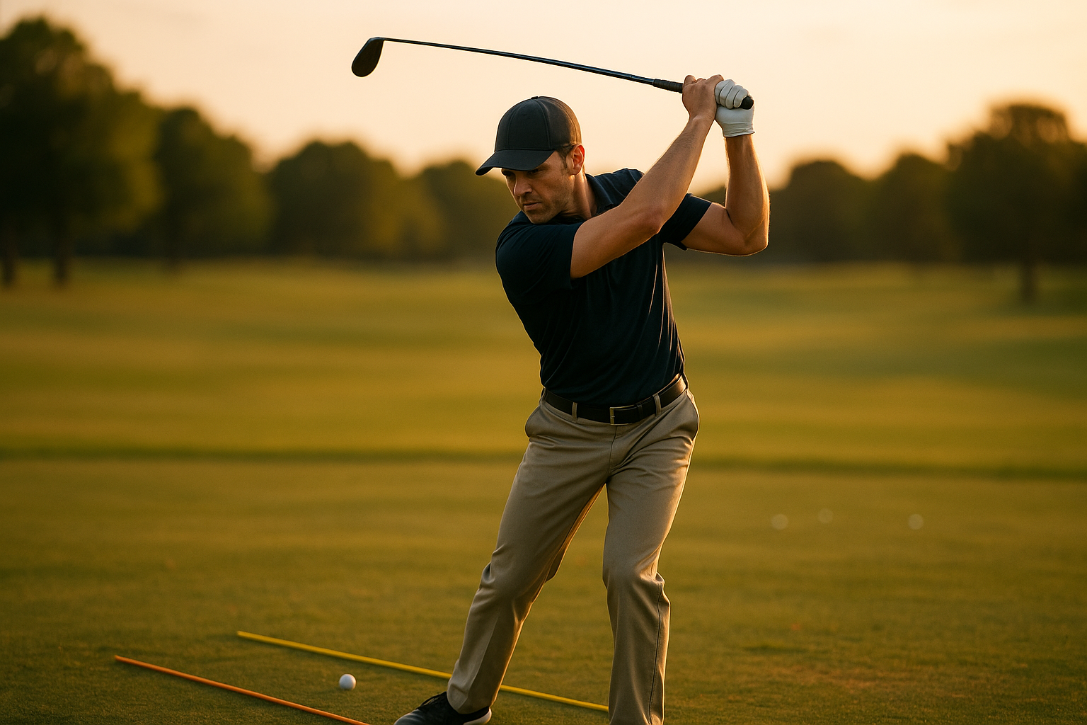 Competitive golfer practicing elite golf swing drills with alignment sticks on the range